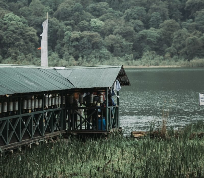 brown wooden hut beside body of water